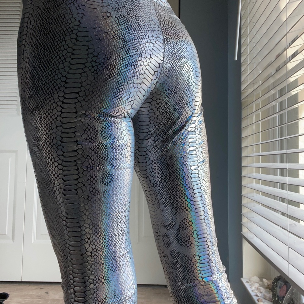 Disco Pants, Snakeskin Print Shiny Leggings - Picture 7 of 9